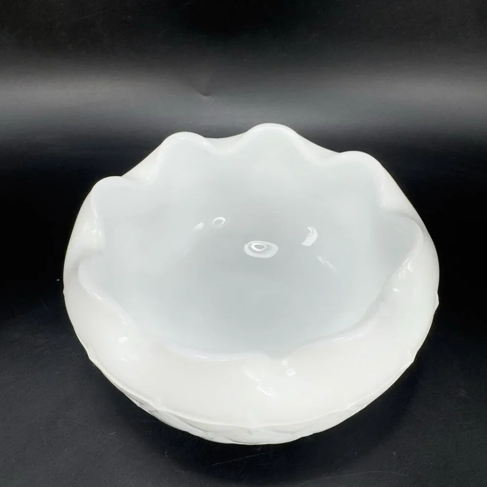 1970S Indiana Glass Milk Glass‎ Quilted Duette Crimped Edges White Dish Bowl VTG